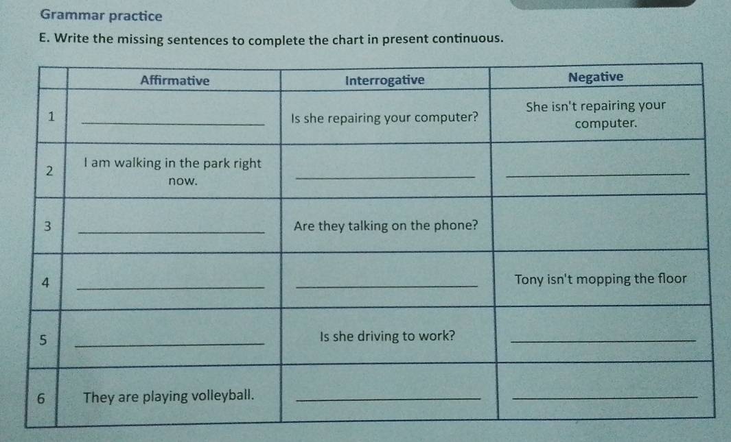 Grammar practice 
E. Write the missing sentences to complete the chart in present continuous.