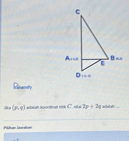 Bahamify
Ma (p,q) adalah koordinat titik C, nilai 2p+2q adalah_
Pilihan Jawaban
-1