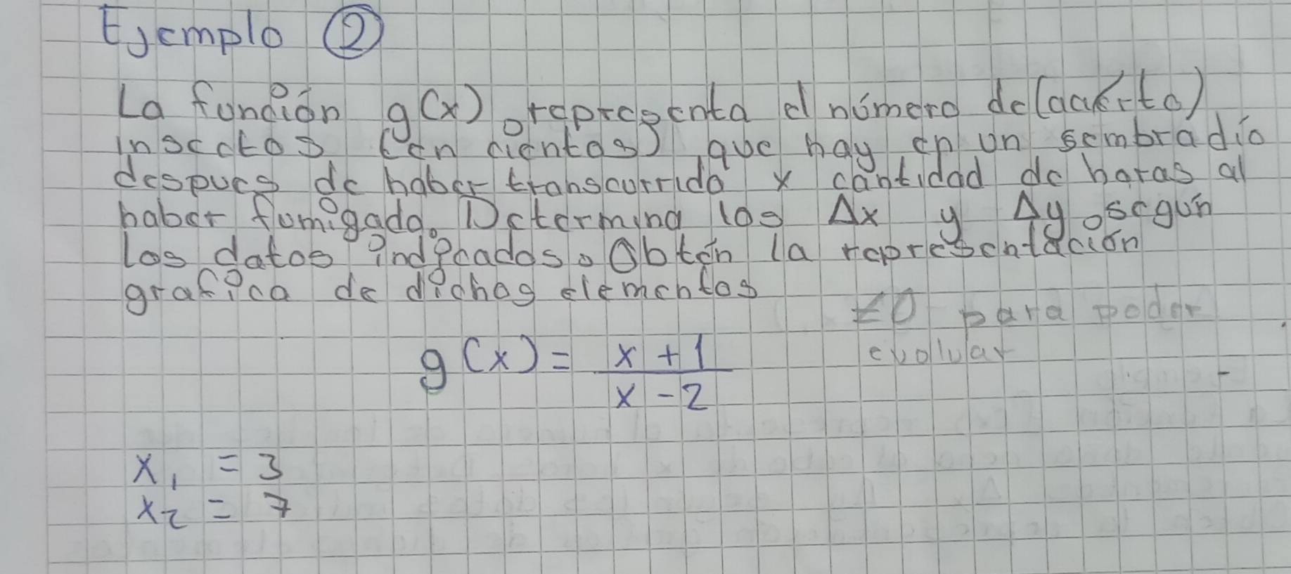 EJemplo ② 
La funcion g(x) reproscnta dnomero de(ackito) 
InScc03 en centdg aue may cn on sembradio 
despucs do hober transcurrido x cantidad do haras al 
haber fomigadg. Dcterming (Os Ax y Ayoscgun 
los datoe indPeadoso Obten la ropresentdcion 
grafpca de diichog clementos 
Ko para poder
g(x)= (x+1)/x-2 
exolluay
x_1=3
x_2=7