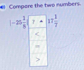 Compare the two numbers.
|-25 1/8 | 17 1/7 