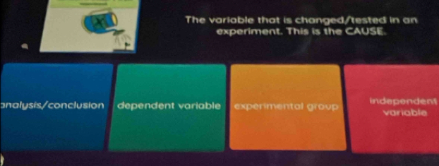 The variable that is changed/tested in an
experiment. This is the CAUSE.
analysis/conclusion dependent variable experimental group independent
variable