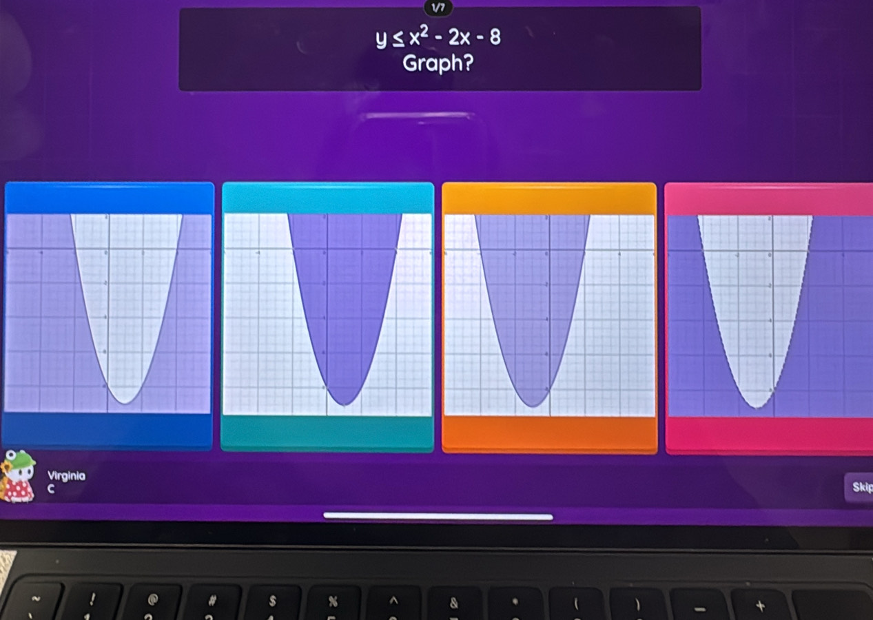 V7
y≤ x^2-2x-8
Graph? 
Virginia 
c Skip