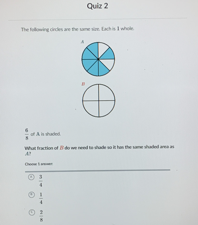 The following circles are the same size. Each is 1 whole.
 6/8  of A is shaded.
What fraction of B do we need to shade so it has the same shaded area as
A?
Choose 1 answer:
a  3/4 
 1/4 
 2/8 