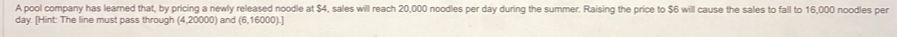 A pool company has learned that, by pricing a newly released noodle at $4, sales will reach 20,000 noodles per day during the summer. Raising the price to $6 will cause the sales to fall to 16,000 noodles per
day. [Hint: The line must pass through (4,20000) and