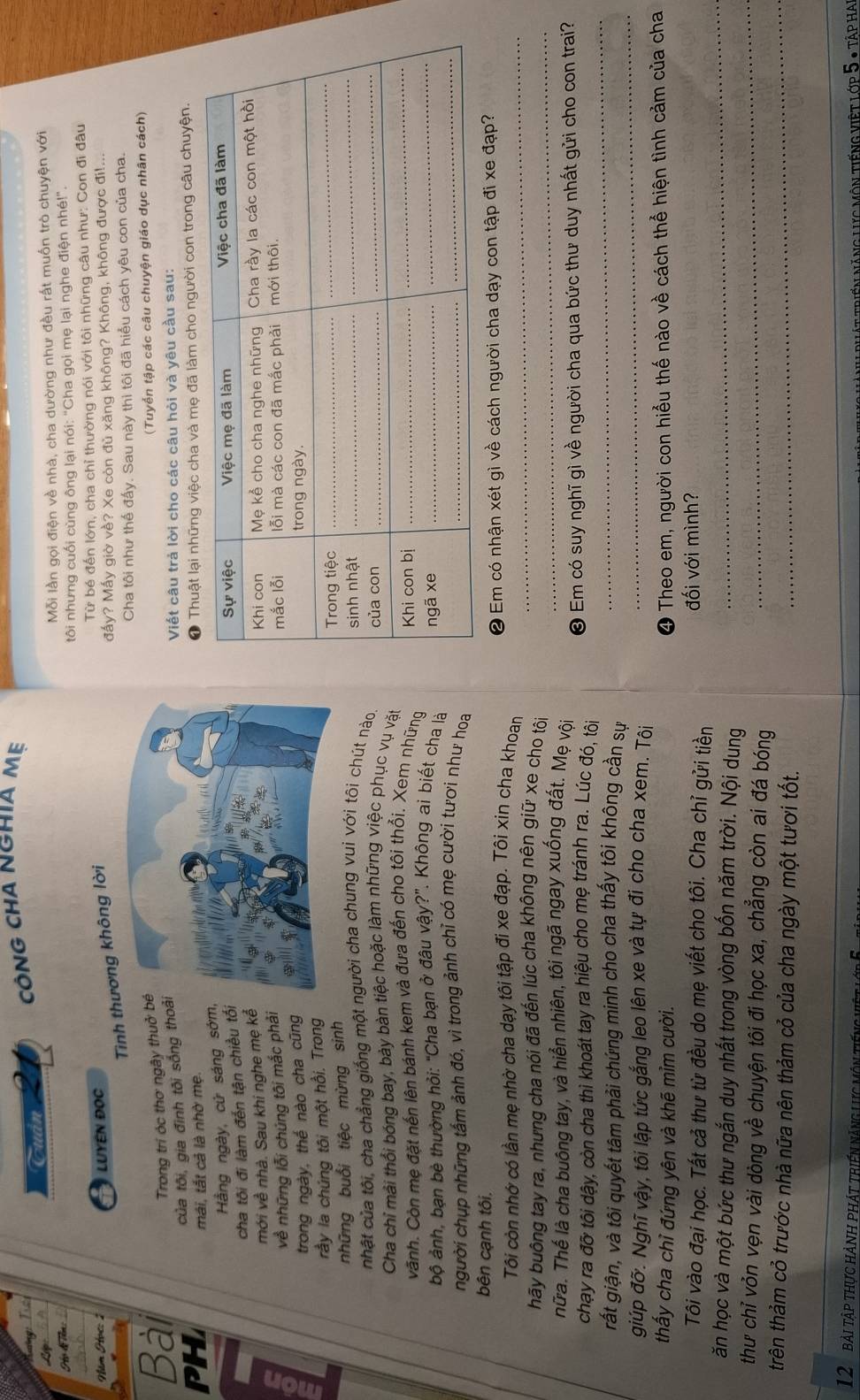 Cuản CÔNG CHA NGHIA Mẹ
Ho đệ Têm _Mỗi lần gọi điện về nhà, cha dường như đều rất muốn trò chuyện với
tôi nhưng cuối cùng ông lại nói: "Cha gọi mẹ lại nghe điện nhé!".
Năm Học: 1 LUYEN ĐOC Từ bé đến lớn, cha chỉ thường nói với tôi những câu như: Con đi đầu
Tình thương không lời
đấy? Mấy giờ về? Xe còn đủ xăng không? Không, không được đi!...
Cha tôi như thế đấy. Sau này thì tôi đã hiểu cách yêu con của cha.
Bài Trong trí óc thơ ngây thuở 
(Tuyển tập các câu chuyện giáo dục nhân cách)
của tôi, gia đình tôi sống thoViết câu trả lời cho các câu hỏi và yêu cầu sau:
PH
mái, tất cả là nhờ mẹ.Thuật lại những việc cha và mẹ đã làm cho người con trong câu chuyện.
Hằng ngày, cứ sáng sớm
cha tôi đi làm đến tận chiều tố
mới về nhà. Sau khi nghe mẹ kể
về những lỗi chúng tôi mắc phải
trong ngày, thế nào cha cũng
rầy la chúng tôi một hồi. Trong
những buổi tiệc mừng sinh
nhật của tôi, cha chẳng giống một người cha chung vui với tôi chút nào
Cha chỉ mài thổi bóng bay, bày bàn tiệc hoặc làm những việc phục vụ vặ
vãnh. Còn mẹ đặt nến lên bánh kem và đưa đến cho tôi thổi. Xem những
bộ ảnh, bạn bè thường hỏi: "Cha bạn ở đâu vậy?". Không ai biết cha là
người chụp những tấm ảnh đó, vì trong ảnh chỉ có mẹ cười tươi như hoa
bên cạnh tôi,
Tôi còn nhớ có lần mẹ nhờ cha dạy tôi tập đi xe đạp. Tôi xin cha khoan ● Em có nhận xét gì về cách người cha dạy con tập đi xe đạp?
bãy buông tay ra, nhưng cha nói đã đến lúc cha không nên giữ xe cho tôi_
hữa. Thể là cha buông tay, và hiển nhiên, tôi ngã ngay xuống đất. Mẹ vội
chạy ra đỡ tôi dậy, còn cha thì khoát tay ra hiệu cho mẹ tránh ra. Lúc đó, tôi   Em có suy nghĩ gì về người cha qua bức thư duy nhất gửi cho con trai?
gất giận, và tôi quyết tâm phải chứng minh cho cha thấy tôi không cần sự
_
giúp đỡ. Nghĩ vậy, tôi lập tức gắng leo lên xe và tự đi cho cha xem. Tổi
_
thấy cha chỉ đứng yên và khē mìm cười.  ④ Theo em, người con hiểu thế nào về cách thể hiện tình cảm của cha
Tôi vào đại học. Tất cả thư từ đều do mẹ viết cho tôi. Cha chỉ gửi tiền đối với mình?
ăn học và một bức thư ngắn duy nhất trong vòng bốn năm trời. Nội dung
_
thư chỉ vỏn vẹn vài dòng về chuyện tôi đi học xa, chẳng còn ai đá bóng_
trên thảm cỏ trước nhà nữa nên thảm cỏ của cha ngày một tươi tốt._
12   bài tập thực hành phát triến năng lực môn tiếng ến năng lưc môn tiếng việt lớp 5 # tập hai