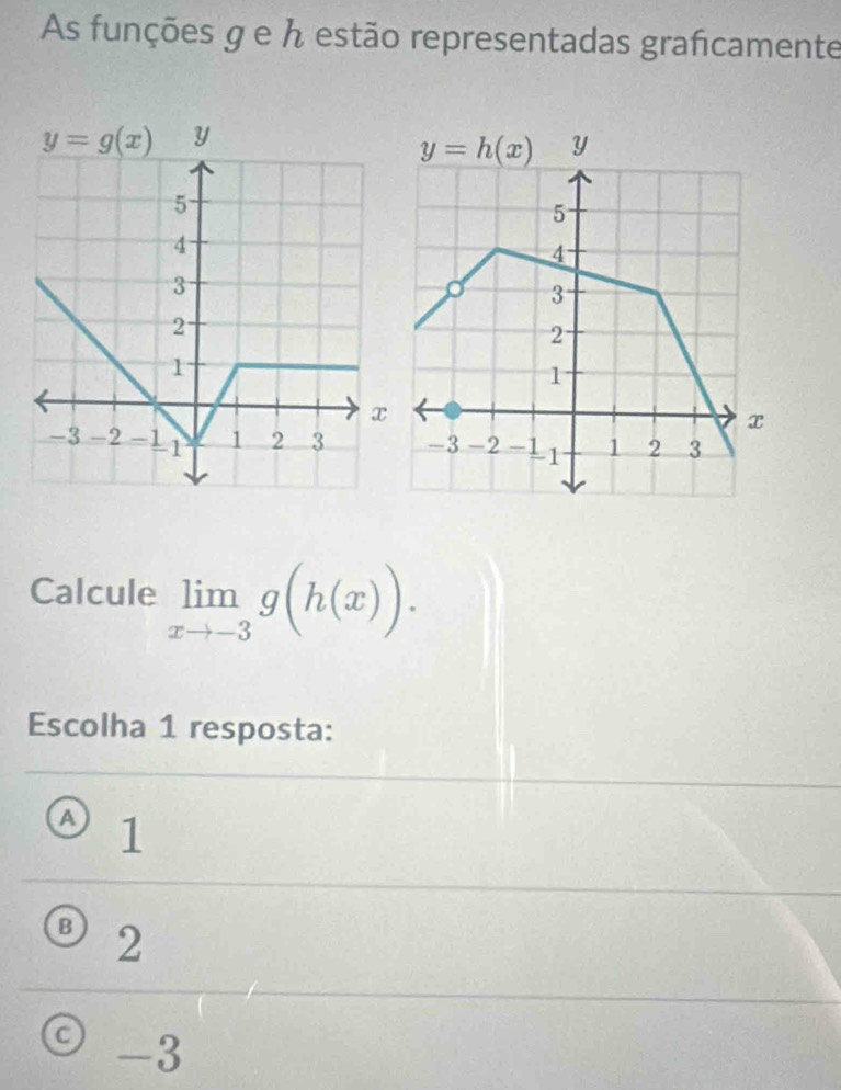 As funções g e h estão representadas graficamente
Calcule limlimits _xto -3g(h(x)).
Escolha 1 resposta:
A 1
B 2
-3