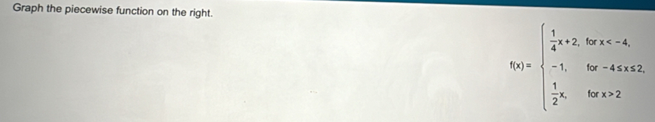Graph the piecewise function on the right.
f(x)=beginarrayl  1/4 x+2,forx 2endarray.