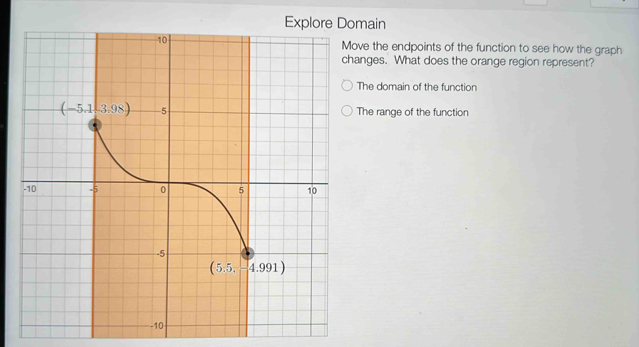 omain
ove the endpoints of the function to see how the graph
hanges. What does the orange region represent?
The domain of the function
The range of the function