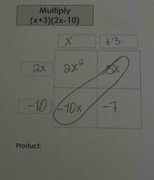 Multiply
(x+3)(2x-10)
Product: