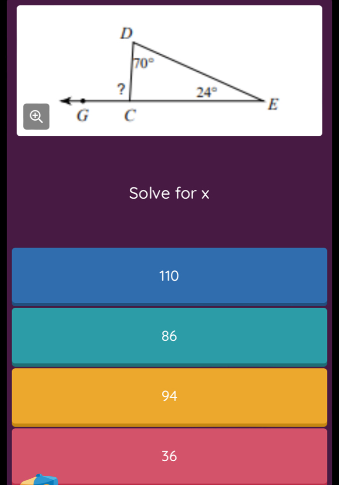 Solve for x
110
86
94
36