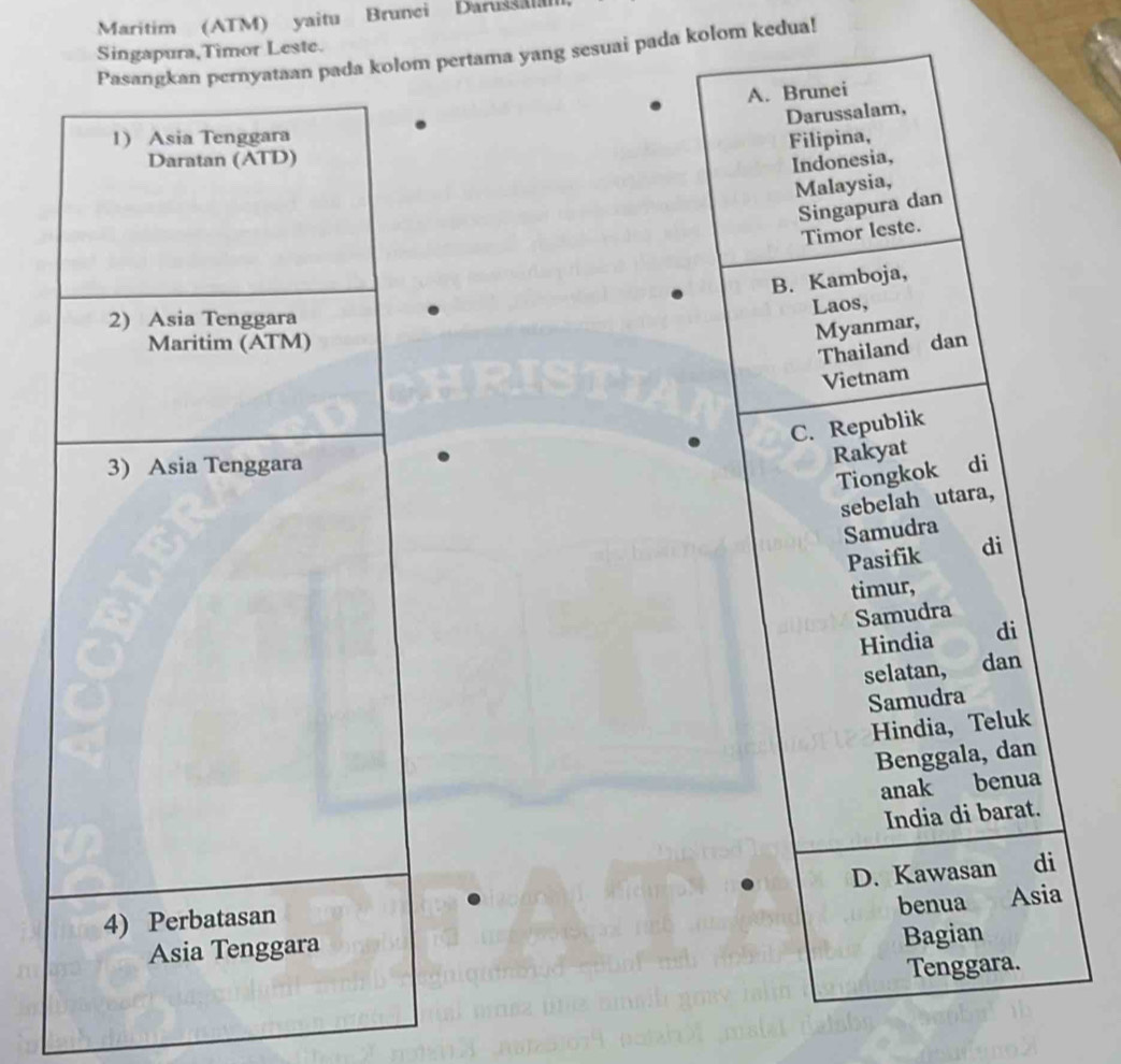 Maritim (ATM) yaitu Brunci Daruss
Singapura,Timor Leste.
Pasangkan pernyataan pada kolom pertama yang sesuai pada kolom kedua!
A. Brunei
Darussalam,
1) Asia Tenggara Filipina,
Daratan (ATD)
Indonesia,
Malaysia,
Singapura dan
Timor leste.
B. Kamboja,
Laos,
2) Asia Tenggara
Maritim (ATM)
Myanmar,
Thailand dan
Vietnam
C. Republik
3) Asia Tenggara
Rakyat
Tiongkok di
sebelah utara,
Samudra
Pasifik di
timur,
Samudra
Hindia di
selatan, dan
Samudra
Hindia, Teluk
Benggala, dan
anak benua
India di barat.
D. Kawasan di
4) Perbatasan
Asia Tenggara benua Asia
Bagian
Tenggara.