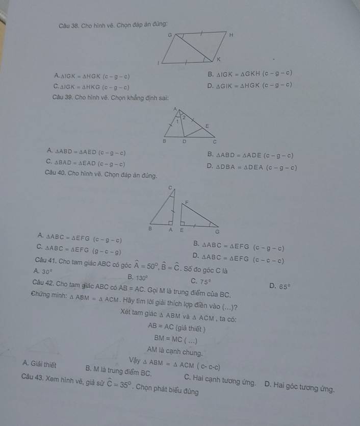 Cho hình vê. Chọn đáp ản đủng:
A. △ IGK=△ HGK(c-g-c)
B. △ IGK=△ GKH(c-g-c)
C. △ IGK=△ HKG(c-g-c)
D. △ GIK=△ HGK(c-g-c)
Câu 39. Cho hình vẽ. Chọn khẩng định sai:
A. △ ABD=△ AED(c-g-c)
B. △ ABD=△ ADE(c-g-c)
C. △ BAD=△ EAD(c-g-c)
D. △ DBA=△ DEA(c-g-c)
Câu 40. Cho hình vẽ. Chọn đáp ản đủng.
A. △ ABC=△ EFG(c-g-c)
C. △ ABC=△ EFG(g-c-g)
B. △ ABC=△ EFG(c-g-c)
D. △ ABC=△ EFG(c-c-c)
Câu 41, Cho tam giác ABC có góc widehat A=50°,widehat B=widehat C. Số đo góc C là
A. 30°
B. 130° C. 75° D. 65°
Câu 42. Cho tam giác ABC có AB=AC. Gọi M là trung điểm của BC.
Chứng minh: △ ABM=△ ACM. Hãy tìm lời giải thích lợp điền vào (...)?
Xét tam giác △ ABM và △ ACM , ta có:
AB=AC (giả thiết )
BM=MC ( …)
AM là cạnh chung.
Vậy △ ABM=△ ACM(c-c-c)
A. Giải thiết B. M là trung điểm BC. C. Hai cạnh tương ứng. D. Hai gỏc tương ửng.
Câu 43. Xem hình vẽ, giả sử hat C=35° * Chọn phát biểu đủng