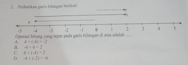 Perhatikan garis bilangan berikut!
Operasi hitung yang tepat pada garis bilangan di atas adalah …
A. 4+(-6)=-2
B. -4+6=2
C. 6+(-4)=2
D. -4+(-2)=-6