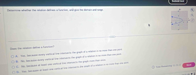 Submit test
Determine whether the relation defines a function, and give the domain and range.
4
4
Does the relation define a function?
A. Yes, because every vertical line intersects the graph of a relation in no more than one point.
B. No, because every vertical line intersects the graph of a relation in no more than one point.
C. No, because at least one vertical line intersects the graph more than once.
① Time Remaining: 01 35 22 Next
D. Yes, because at least one vertical line intersects the graph of a relation in no more than one point