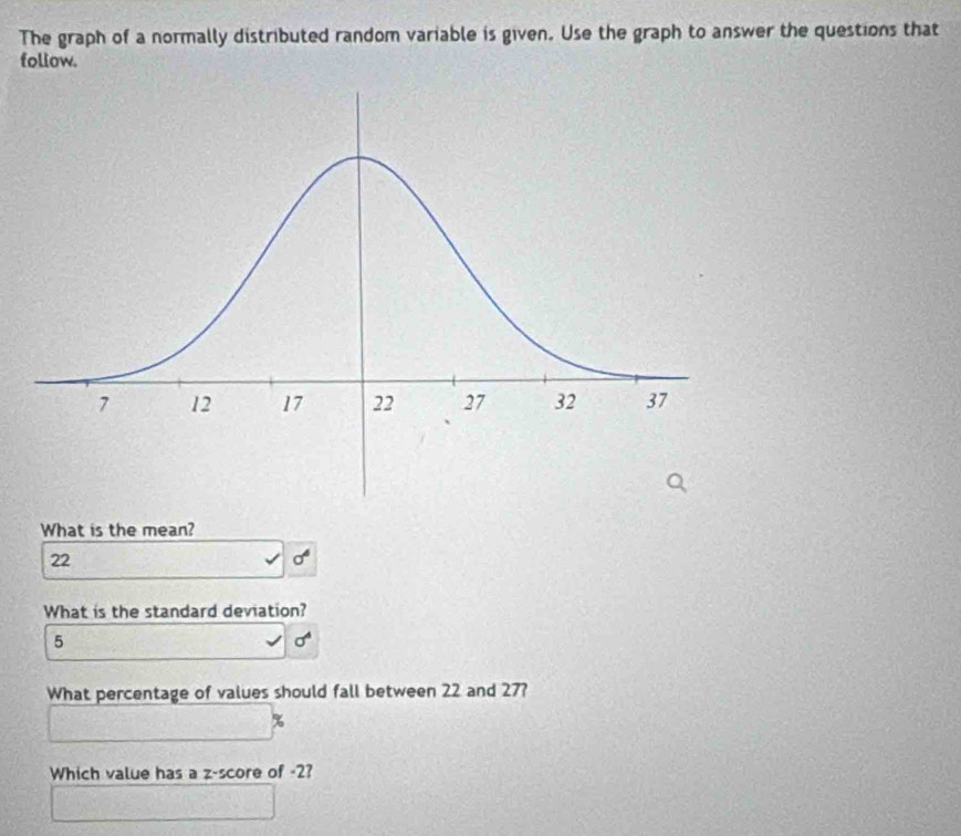 The graph of a normally distributed random variable is given. Use the graph to answer the questions that 
follow. 
What is the mean?
22
sigma
What is the standard deviation?
5
What percentage of values should fall between 22 and 27? 
Which value has a z-score of -2?