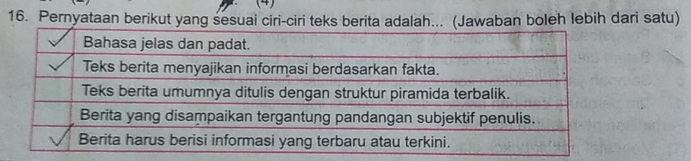 Pernyataan berikut yang sesuai ciri-ciri teks berita adalah... (Jawaban boleh lebih dari satu)