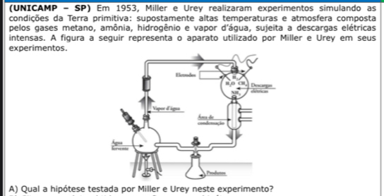 (UNICAMP - SP) Em 1953, Miller e Urey realizaram experimentos simulando as 
condições da Terra primitiva: supostamente altas temperaturas e atmosfera composta 
pelos gases metano, amônia, hidrogênio e vapor d'água, sujeita a descargas elétricas 
intensas. A figura a seguir representa o aparato utilizado por Miller e Urey em seus 
experimentos. 
A) Qual a hipótese testada por Miller e Urey neste experimento?