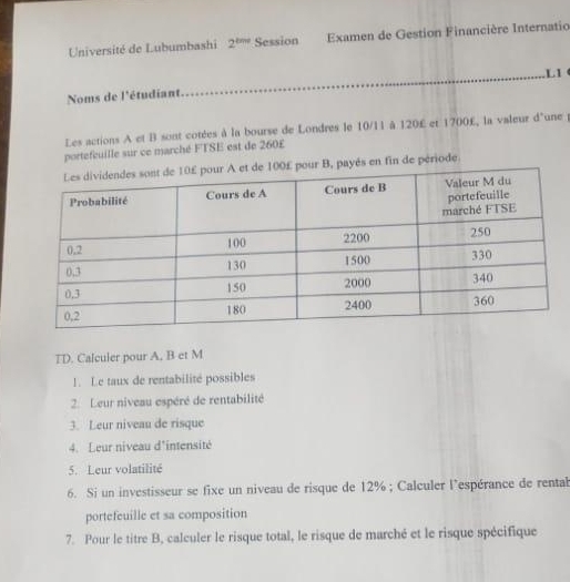 Université de Lubumbashi 2^(eme) Session Examen de Gestion Financière Internatio 
L1 
Noms de l'étudiant 
Les actions A et B sont cotées à la bourse de Londres le 10/11 à 120£ et 1700£, la valeur d'une 
portefeuille sur ce marché FTSE est de 260£
yés en fin de période. 
TD. Calculer pour A. B et M 
1. Le taux de rentabilité possibles 
2. Leur niveau espéré de rentabilité 
3. Leur niveau de risque 
4. Leur niveau d'intensité 
5. Leur volatilité 
6. Si un investisseur se fixe un niveau de risque de 12%; Calculer l'espérance de rental 
portefeuille et sa composition 
7. Pour le titre B, calculer le risque total, le risque de marché et le risque spécifique