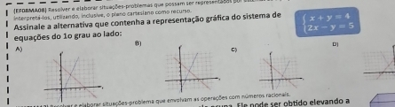 (EFDEMA08) Resolver e elaborar situações-problemas que possam ser representsãas e 
interpretá-los, utilizando, inclusive, o plaso cartesiano como recurso. 
Assinale a alternativa que contenha a representação gráfica do sistema de beginarrayl x+y=4 2x-y=5endarray.
equações do 1º grau ao lado: 
B) 
A) 
C 
e elaborar situações-problema que envolvam as operações com números racionais. na Ele node ser obtido elevando a