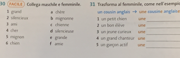 30 (facile) Collega maschile e femminile. 31 Trasforma al femminile, come nell’esempic 
1 grand a chère un cousin anglais une cousine anglaise 
2 silencieux b mignonne 1 un petit chien une_ 
_ 
3 ami c chienne 2 un bon élève une 
4 cher d silencieuse 3 un jeune curieux une_ 
5 mignon e grande 4 un grand chanteur une 
_ 
6 chien f amie 5 un garçon actif une_