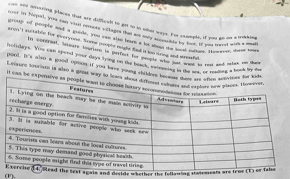 can see amazing places that are difficult to get to in other ways. For example, if you go on a trekking 
tour in Nepal, you can visit remote villages that are only accessible by foot. If you travel with a smalt 
group of people and a guide, you can also learn a lot about the local culture. However, these tour 
aren't suitable for everyone. Some people might find it too tiring and stressful 
In contrast, leisure tourism is perfect for people who just want to rest and relax on their 
holidays. You can spend your days lying on the beach, swimming in the sea, or reading a book by the 
pool. It's also a good option if you have young children beor kids 
Leisure tourism is also a great way to le 
it can be expen 
ecide whether the following 
(F).
