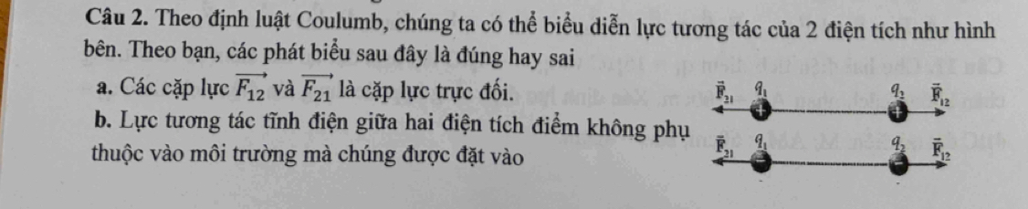 Theo định luật Coulumb, chúng ta có thể biểu diễn lực tương tác của 2 điện tích như hình
bên. Theo bạn, các phát biểu sau đây là đúng hay sai
a. Các cặp lực vector F_12 và vector F_21 là cặp lực trực đối. vector F_21 q_1 q_2 overline F_12
b. Lực tương tác tĩnh điện giữa hai điện tích điểm không phụ overline F_21 _ q_1
thuộc vào môi trường mà chúng được đặt vào
q_2 overline F_12