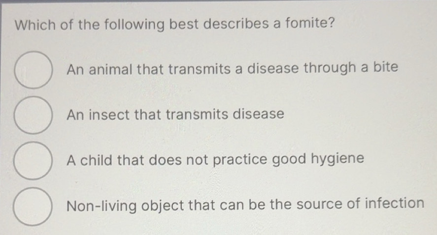 Solved: Which of the following best describes a fomite? An animal that ...