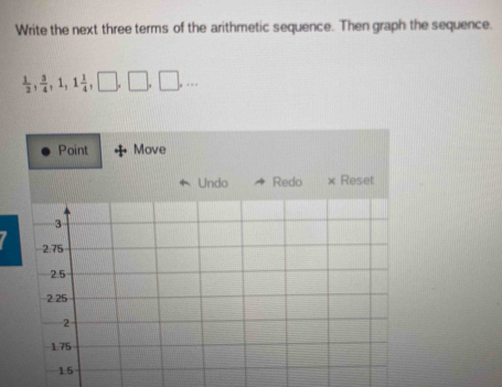 Write the next three terms of the arithmetic sequence. Then graph the sequence.
 1/2 ,  3/4 , 1, 1 1/4 , □ ,□ ,... 
Point Move