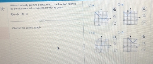 Without actually plotting points, match the function defined A. B.
by the absolute value expression with its graph
f(x)=|x-4|-3
Choose the correct graph.
C. D.