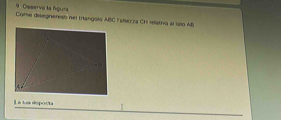 Osserva la figura. 
Come disegneresti nel triangolo ABC l'altezza CH relativa al lato AB. 
La tua risposta