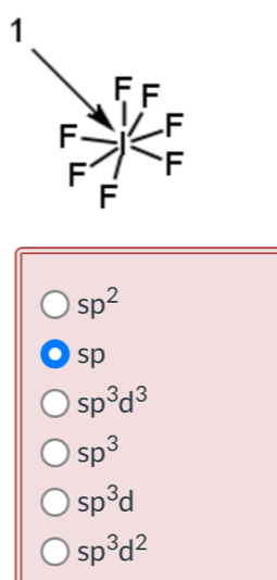 1
sp^2
sp
sp^3d^3
sp^3
sp^3d
sp^3d^2