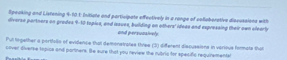 Speaking and Listening 9-10.1: Initiate and participate effectively in a range of collaborative discussions with 
diverse partners on grades 9 - 10 topics, and issues, building on others' ideas and expressing their own clearly 
and persuasively. 
Put together a portfolio of evidence that demonstrates three (3) different discussions in various formats that 
cover diverse topics and partners. Be sure that you review the rubric for specific requirements!