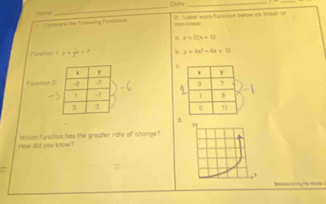 Date_
_
Name
_
t Compare the following Funations: non-linear. 2. Label each function below as linear or
y=2(x+5)
Functian t: y= 1/2 x+7
b. y=4x^2-6x+10
Function 2
d.
Which function has the greater rate of change?
How did you know?