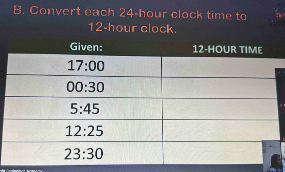 Convert each 24-hour clock time to atl
12-hour clock.

ght B eginnings Academy