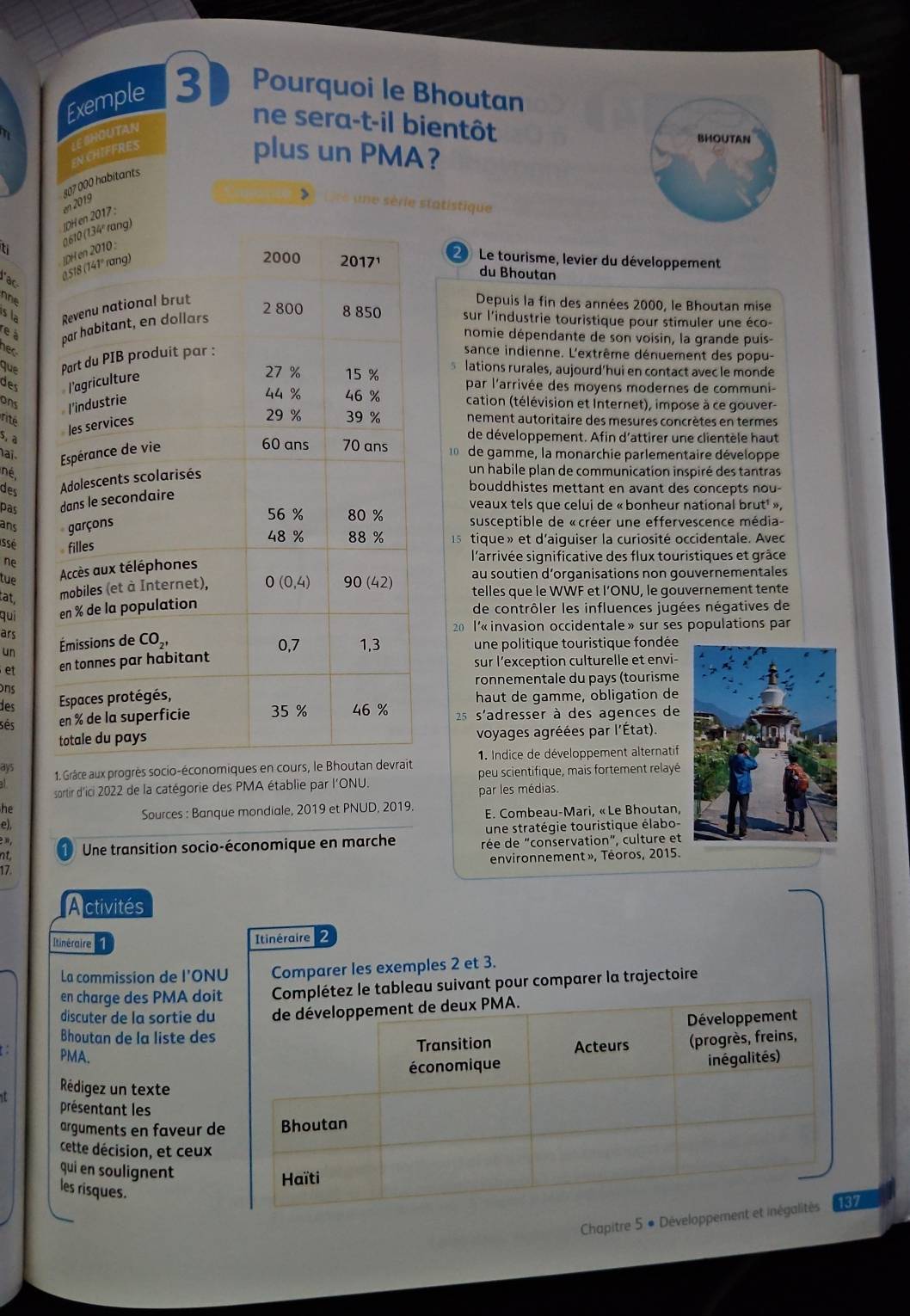 Exemple 3 Pourquoi le Bhoutan
LESHOUTAN
ne sera-t-il bientôt
BHOUTAN
EN CHIFFRES plus un PMA?
807 000 habitants
ti 0610 (134º rang) IDH en 2017 : en 2019
une série statistique
IDH en 2010 :
518 (141º rang)
Le tourisme, levier du développement
2000 2017^1 du Bhoutan
'ar
one
is la Revenu national brut
Depuis la fin des années 2000, le Bhoutan mise
2 800 8 850 sur l'industrie touristique pour stimuler une éco-
e par habitant, en dollars
nomie dépendante de son voisin, la grande puis-
her
que Part du PIB produit par :
sance indienne. L'extrême dénuement des popu-
lations rurales, aujourd’hui en contact avec le monde
l'agriculture
27 % 15 %  par l'arrivée des moyens modernes de communi-
44 % 46 %
ons  l'industrie cation (télévision et Internet), impose à ce gouver-
rité
les services
29 % 39 % nement autoritaire des mesures concrètes en termes
s. a
de développement. Afin d'attirer une clientèle haut
hai. Espérance de vie 60 ans 70 ans    de gamme, la monarchie parlementaire développe
né un habile plan de communication inspiré des tantras
des Adolescents scolarisés
bouddhistes mettant en avant des concepts nou-
pas dans le secondaire
56 % 80 % veaux tels que celui de « bonheur national brut' »,
ans garçons  susceptible de «créer une effervescence média-
48 %
ISsé  filles 88 %  15 tique » et d'aiguiser la curiosité occidentale. Avec
ne
l'arrivée significative des flux touristiques et grâce
tue Accès aux téléphones
au soutien d'organisations non gouvernementales 
tat.
mobiles (et à Internet), 0 (0,4) 90 ( +2 telles que le WWF et l’ONU, le gouvernement tente
quí en % de la population
de contrôler les influences jugées négatives de
ars
2  l'« invasion occidentale » sur ses populations par
un Émissions de CO_2, 0,7 1,3 une politique touristique fondée
et en tonnes par habitant sur l’exception culturelle et envi-
ronnementale du pays (tourisme
ons
des Espaces protégés, haut de gamme, obligation de
ses en % de la superficie 35 % 46 % 25 s'adresser à des agences de
totale du pays voyages agréées par l'État).
1. Indice de développement alternatif
ays 1. Grâce aux progrès socio-économiques en cours, le Bhoutan devrait peu scientifique, mais fortement relayé
sortir d'ici 2022 de la catégorie des PMA établie par l'ONU. par les médias.
he
Sources : Banque mondiale, 2019 et PNUD, 2019.
e)  E. Combeau-Mari, «Le Bhoutan,
une stratégie touristique élabo-
nt Une transition socio-économique en marche réé de “conservation”, culture et
environnement », Téoros, 2015.
A ctivités
Itinéraire 1
Itinéraire 2
La commission de l’ONU Comparer les exemples 2 et 3.
en charge des PMA doit Complétez le tableau suivant pour comparer la trajectoire
discuter de la sortie du de développement de deux PMA.
Développement
Bhoutan de la liste des
Transition Acteurs (progrès, freins,
PMA.
économique
inégalités)
Rédigez un texte
présentant les
arguments en faveur de Bhoutan
cette décision, et ceux
qui en soulignent
Haïti
les risques.
Chapitre 5 + Développement et inégalités 137