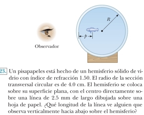 Observador 
23. Un pisapapeles está hecho de un hemisferio sólido de vi- 
drio con índice de refracción 1.50. El radio de la sección 
transversal circular es de 4.0 cm. El hemisferio se coloca 
sobre su superficie plana, con el centro directamente so- 
bre una línea de 2.5 mm de largo dibujada sobre una 
hoja de papel. ¿Qué longitud de la línea ve alguien que 
observa verticalmente hacia abajo sobre el hemisferio?