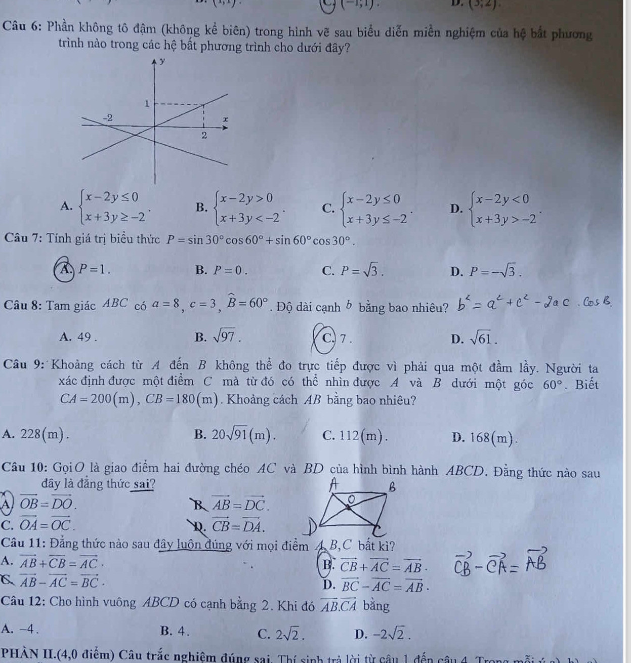 (1,1)
(-1;1).
D. (3,2).
Câu 6: Phần không tô đậm (không kể biên) trong hình vẽ sau biểu diễn miền nghiệm của hệ bắt phương
trình nào trong các hệ bất phương trình cho dưới đây?
A. beginarrayl x-2y≤ 0 x+3y≥ -2endarray. . B. beginarrayl x-2y>0 x+3y C. beginarrayl x-2y≤ 0 x+3y≤ -2endarray. . D. beginarrayl x-2y<0 x+3y>-2endarray. .
* Câu 7: Tính giá trị biểu thức P=sin 30°cos 60°+sin 60°cos 30°.
A P=1.
B. P=0. C. P=sqrt(3). D. P=-sqrt(3).
Câu 8: Tam giác ABC có a=8,c=3,widehat B=60°. Độ dài cạnh b bằng bao nhiêu?
A. 49 . B. sqrt(97). C. 7 . D. sqrt(61).
Câu 9: Khoàng cách từ A đến B không thể đo trực tiếp được vì phải qua một đầm lầy. Người ta
xác định được một điểm C mà từ đó có thể nhìn được A và B dưới một góc 60°. Biết
CA=200(m),CB=180(m). Khoảng cách AB bằng bao nhiêu?
A. 228(m). B. 20sqrt(91)(m). C. 112(m) . D. 168(m). 
Câu 10: GọiO là giao điểm hai đường chéo AC và BD của hình bình hành ABCD. Đằng thức nào sau
đây là đẳng thức sai? 
A vector OB=vector DO.
B vector AB=vector DC.
C. vector OA=vector OC. vector CB=vector DA.
D.
Câu 11: Đẳng thức nào sau đây luôn đúng với mọi điểm 4 B,C bất kì?
A. vector AB+vector CB=vector AC· B. vector CB+vector AC=vector AB·
C vector AB-vector AC=vector BC·
D. vector BC-vector AC=vector AB·
Câu 12: Cho hình vuông ABCD có cạnh bằng 2. Khi đó vector AB.vector CA bằng
A. -4 . B. 4. -2sqrt(2).
C. 2sqrt(2). D.
PHÀN II.(4,0 điểm) Câu trắc nghiêm đúng sai. Thí sinh trả lời từ câu 1 đến câu ở