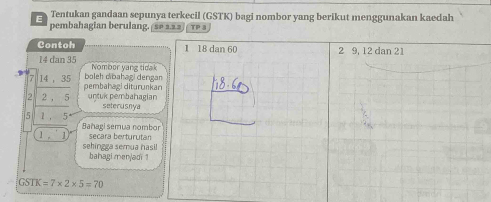 Tentukan gandaan sepunya terkecil (GSTK) bagi nombor yang berikut menggunakan kaedah 
pembahagian berulang. SP 2.2.2 TP 3
Contoh 1 18 dan 60 2 9, 12 dan 21
14 dan 35
Nombor yang tidak
7 14, 3 boleh dibahagi dengan 
pembahagi diturunkan
2 2 , 5 untuk pembahagian 
seterusnya
5 1, 5 1
Bahagi semua nombor 
1, 1 secara berturutan 
sehingga semua hasil 
bahagi menjadi 1
GSTK=7* 2* 5=70