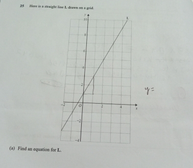 Here is a straight lime I drawn on a grid. 
(a) Find an equation for L.