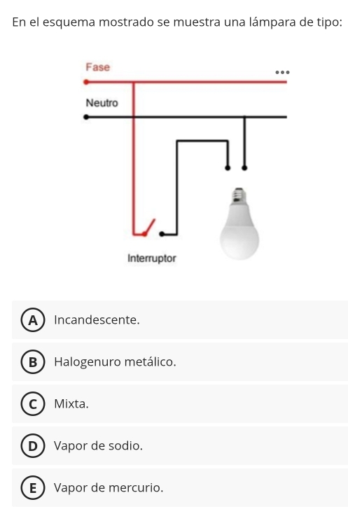 En el esquema mostrado se muestra una lámpara de tipo:
A Incandescente.
B Halogenuro metálico.
CMixta.
D Vapor de sodio.
E Vapor de mercurio.