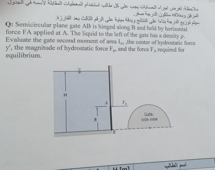 gpl gé dauy äbläall Chbzall phééal Gtb US e Ga Chtwall el al véjil rébs le
Jãng đp Jall jgSim đe Xátg Gê jall
a jobill an Cutill péull de áim áñoo citill de Iat ápuall Gusi am
Q: Semicircular plane gate AB is hinged along B and held by horizontal
force FA applied at A. The liquid to the left of the gate has a density ρ.
Evaluate the gate second moment of area I_xx ,the center of hydrostatic force
y' , the magnitude of hydrostatic force F_p, and the force F_A required for
equilibrium.
H[m] wbll awl