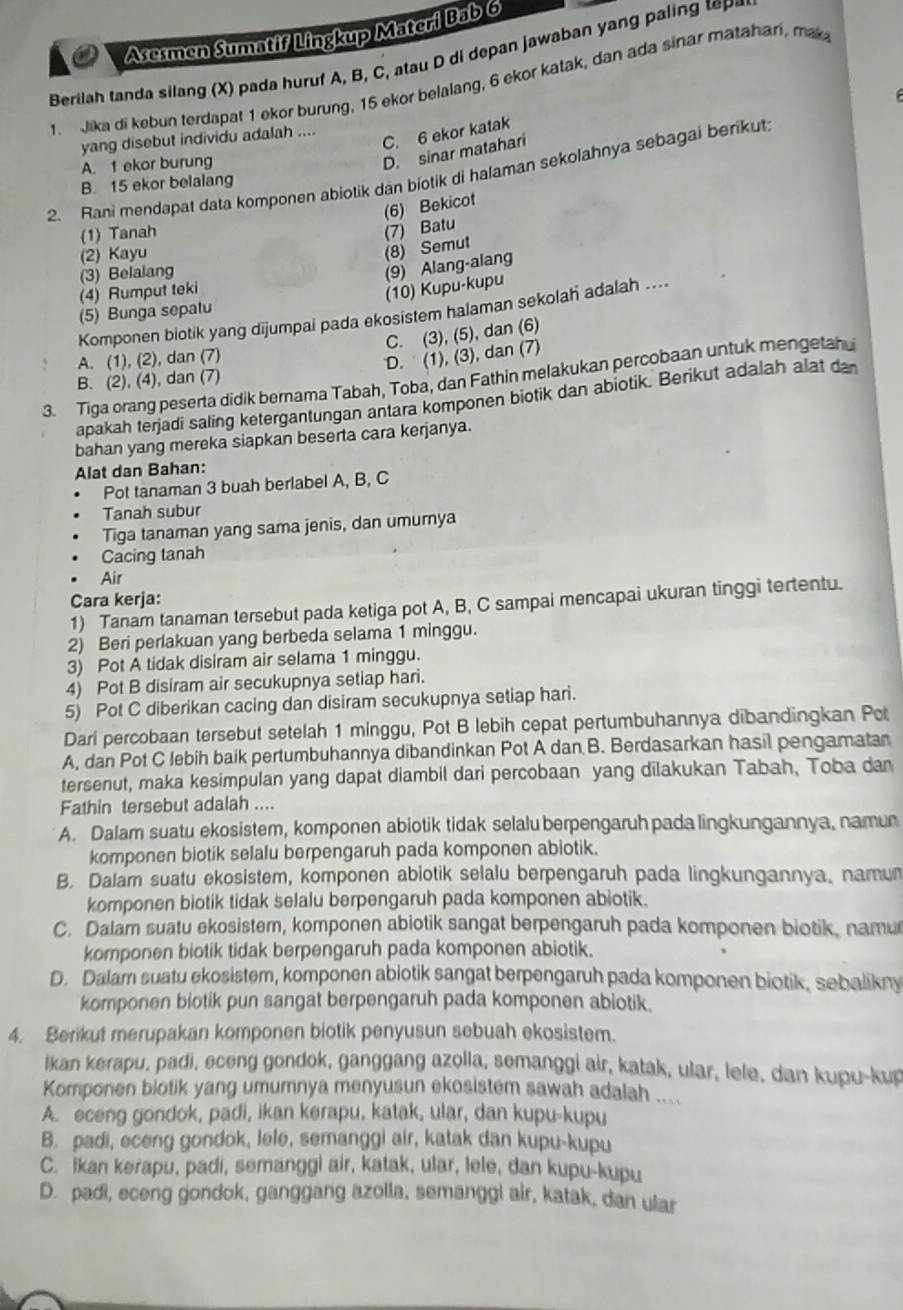 Asesmen Sumatif Lingkup Materi Bab 6
Berilah tanda silang (X) pada huruf A, B, C, atauD di depan jawaban yan li  t
1. Jika di kebun terdapat 1 ekor burung, 15 ekor belalang, 6 ekor katak, dan ada sinar matahari, mak
C. 6 ekor katak
yang disebut individu adalah ....
A. 1 ekor burung
D. sinar matahari
2. Rani mendapat data komponen abiotik dan bíotik di halaman sekolahnya sebagai berikut.
B. 15 ekor belalang
(6) Bekicot
(1) Tanah
(2) Kayu
(8) Semut (7) Batu
(3) Belalang
(9) Alang-alang
(4) Rumput teki
(10) Kupu-kupu
(5) Bunga sepatu
Komponen biotik yang dijumpai pada ekosistem halaman sekolah adalah ....
C. (3), (5), dan (6)
A. (1), (2), dan (7)
D. (1), (3), dan (7)
3. Tiga orang peserta didik bernama Tabah, Toba, dan Fathin melakukan percobaan untuk mengetahi
B. (2), (4), dan (7)
apakah terjadi saling ketergantungan antara komponen biotik dan abiotik. Berikut adalah alat da
bahan yang mereka siapkan beserta cara kerjanya.
Alat dan Bahan:
Pot tanaman 3 buah berlabel A, B, C
Tanah subur
Tiga tanaman yang sama jenis, dan umurnya
Cacing tanah
Air
Cara kerja:
1) Tanam tanaman tersebut pada ketiga pot A, B, C sampai mencapai ukuran tinggi tertentu.
2) Beri perlakuan yang berbeda selama 1 minggu.
3) Pot A tidak disiram air selama 1 minggu.
4) Pot B disiram air secukupnya setiap hari.
5) Pot C diberikan cacing dan disiram secukupnya setiap hari.
Dari percobaan tersebut setelah 1 minggu, Pot B lebih cepat pertumbuhannya dibandingkan Pot
A, dan Pot C lebih baik pertumbuhannya dibandinkan Pot A dan B. Berdasarkan hasil pengamatan
tersenut, maka kesimpulan yang dapat diambil dari percobaan yang dilakukan Tabah, Toba dan
Fathin tersebut adalah ....
A. Dalam suatu ekosistem, komponen abiotik tidak selalu berpengaruh pada lingkungannya, namu
komponen biotik selalu berpengaruh pada komponen abiotik.
B. Dalam suatu ekosistem, komponen abiotik selalu berpengaruh pada lingkungannya, namun
komponen biotik tidak selalu berpengaruh pada komponen abiotik.
C. Dalam suatu ekosistem, komponen abiotik sangat berpengaruh pada komponen biotik, namu
komponen biotik tidak berpengaruh pada komponen abiotik.
D. Dalam suatu ekosistem, komponen abiotik sangat berpengaruh pada komponen biotik, sebalikny
komponen biotik pun sangat berpengaruh pada komponen abiotik.
4. Berikut merupakan komponen biotik penyusun sebuah ekosistem.
lkan kerapu, padi, eceng gondok, ganggang azolla, semanggi air, katak, ular, lele, dan kupu-kup
Komponen blotik yang umumnya menyusun ekosistem sawah adalah ....
A. eceng gondok, padi, ikan kerapu, katak, ular, dan kupu-kupu
B. padi, eceng gondok, lele, semanggi air, katak dan kupu-kupu
C. Ikan kerapu, padi, semanggi air, katak, ular, lele, dan kupu-kupu
D. padi, eceng gondok, ganggang azolla, semanggi air, katak, dan ular