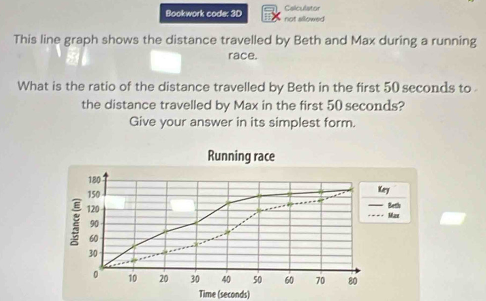 Calculator 
Bookwork code: 3D not sllowed 
This line graph shows the distance travelled by Beth and Max during a running 
race. 
What is the ratio of the distance travelled by Beth in the first 50 seconds to 
the distance travelled by Max in the first 50 seconds? 
Give your answer in its simplest form. 
Running race
180 Key
150
120 Beth 
Max
90
60
30
0 10 20 30 40 50 60 70 80
Time (seconds)