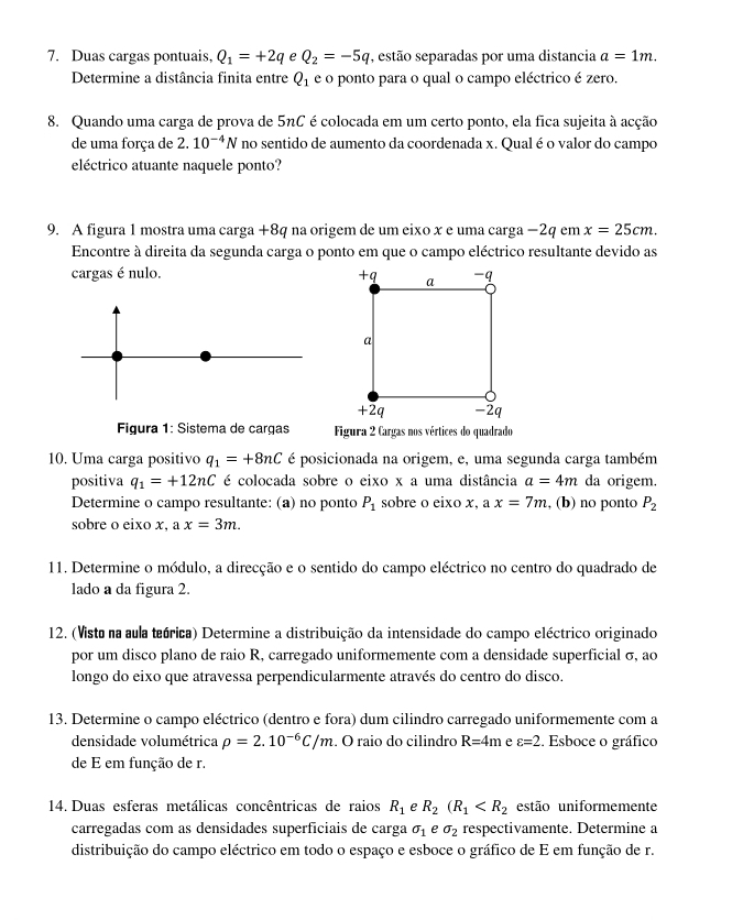 Duas cargas pontuais, Q_1=+2q e Q_2=-5q , estão separadas por uma distancia a=1m.
Determine a distância finita entre Q_1 e o ponto para o qual o campo eléctrico é zero.
8. Quando uma carga de prova de 5nC é colocada em um certo ponto, ela fica sujeita à acção
de uma força de 2. 10^(-4)N no sentido de aumento da coordenada x. Qual é o valor do campo
eléctrico atuante naquele ponto?
9. A figura 1 mostra uma carga +8q na origem de um eixo x e uma carga −2q em x=25cm.
Encontre à direita da segunda carga o ponto em que o campo eléctrico resultante devido as
cargas é nulo. 
Figura 1: Sistema de cargas Figura 2 Cargas nos vértices do quadrado
10. Uma carga positivo q_1=+8nC é posicionada na origem, e, uma segunda carga também
positiva q_1=+12nC é colocada sobre o eixo x a uma distância a=4m da origem.
Determine o campo resultante: (a) no ponto P_1 sobre o eixo x, a x=7m , (b) no ponto P_2
sobre o eixo x, a x=3m.
11. Determine o módulo, a direcção e o sentido do campo eléctrico no centro do quadrado de
lado a da figura 2.
12. (Visto na aula teórica) Determine a distribuição da intensidade do campo eléctrico originado
por um disco plano de raio R, carregado uniformemente com a densidade superficial σ, ao
longo do eixo que atravessa perpendicularmente através do centro do disco.
13. Determine o campo eléctrico (dentro e fora) dum cilindro carregado uniformemente com a
densidade volumétrica rho =2.10^(-6)C/m. O raio do cilindro R=4m e varepsilon =2. Esboce o gráfico
de E em função de r.
14. Duas esferas metálicas concêntricas de raios R_1 e R_2(R_1 estão uniformemente
carregadas com as densidades superficiais de carga sigma _1 e sigma _2 respectivamente. Determine a
distribuição do campo eléctrico em todo o espaço e esboce o gráfico de E em função de r.