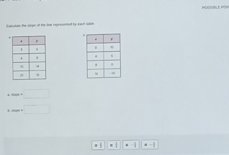 POSSIBLE PRR
Calculate the slope of the line represented by each table
.
a slope □ 
b. slope « □
= 2/3  = 3/5  =- 1/4  =- 1/2 