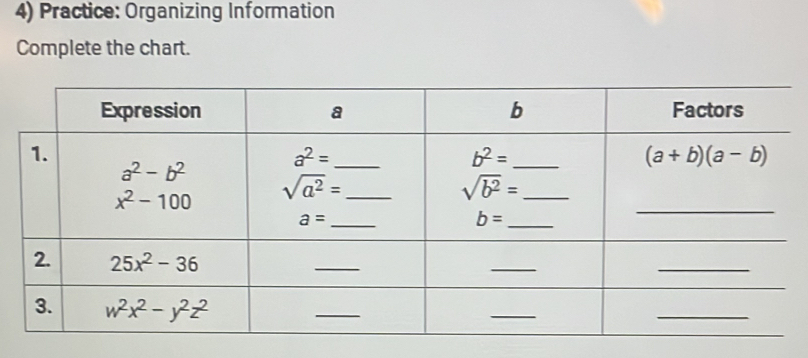 Practice: Organizing Information
Complete the chart.