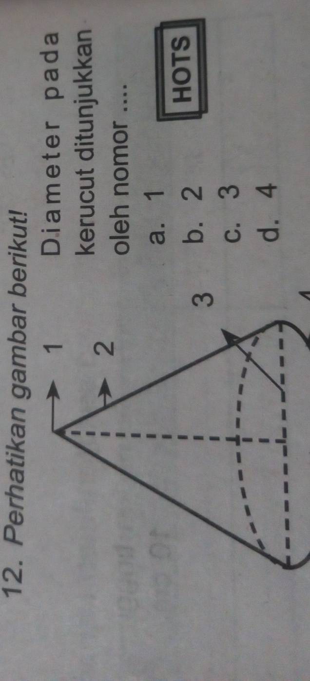 Perhatikan gambar berikut!
Diameter pada
kerucut ditunjukkan
oleh nomor ....
a. 1
b. 2
HOTS
c. 3
d. 4
A