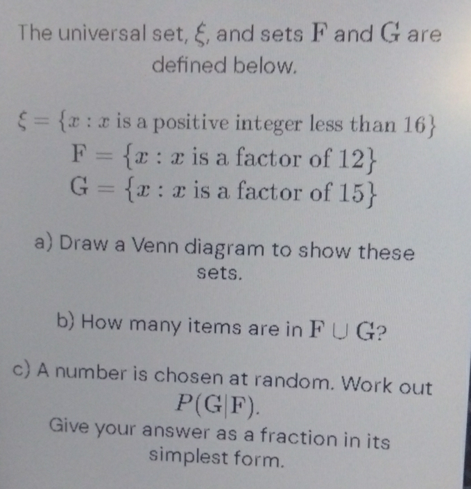 Solved: The universal set, ξ, and sets F and G are defined below. xi ...