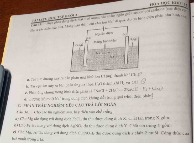 hóa học khói 12
Tài liệu học tập buới 2
Cận 35. Điện phân dung dịch NaCI có màng bản thầm ngân giữa anode với cathode (các điện cực
đều là các điện cực trơ)ẩm chỉ cho ion Na" đi qua. Sơ độ bình điện phân như hình sau
a. Tại cực dương xày ra bán phản ứng khử ion CI^-(aq) 1 thành khí Cl_2
b. Tại cực âm xảy ra bán phản ứng oxi hoá H_2O thành khí H_2 và OH 1^-
c. Phản ứng chung trong bình điện phân là 2NaCl+2H_2Oto 2NaOH+H_2+Cl_2to
đ. Lượng (số mol) Na' trong dung dịch không đổi trong quá trình điện phân
C. phản trác nghiệm yêu càu trả lời ngán
Câu 36. Cho các thí nghiệm sau, hãy điền vào chỗ trống:
a) Cho Mg tác dụng với dung dịch FeCl_3 :  dư thu được dung dịch X. Chất tan trong X gồm:
b) Cho Fe tác dụng với dung dịch AgNO 3  dư thu được dung dịch Y. Chất tan trong Y gồm:
c) Cho Mg, Al tác dụng với dung dịch Cu(NO_3)_2 thu được dung dịch z chứa 2 muối, Công thức của
hai muối trong z là: