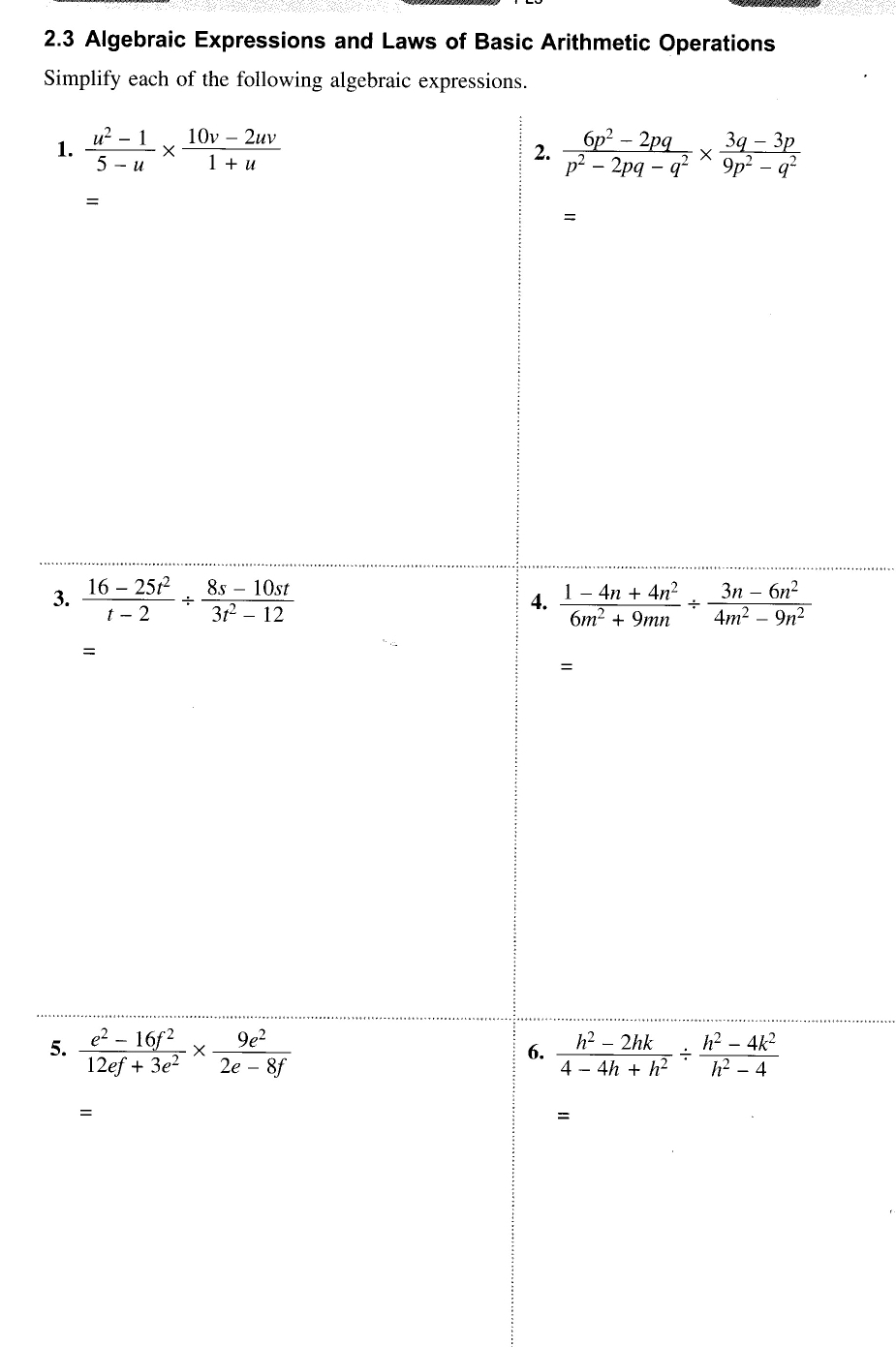 2.3 Algebraic Expressions and Laws of Basic Arithmetic Operations
Si
1
3
5.